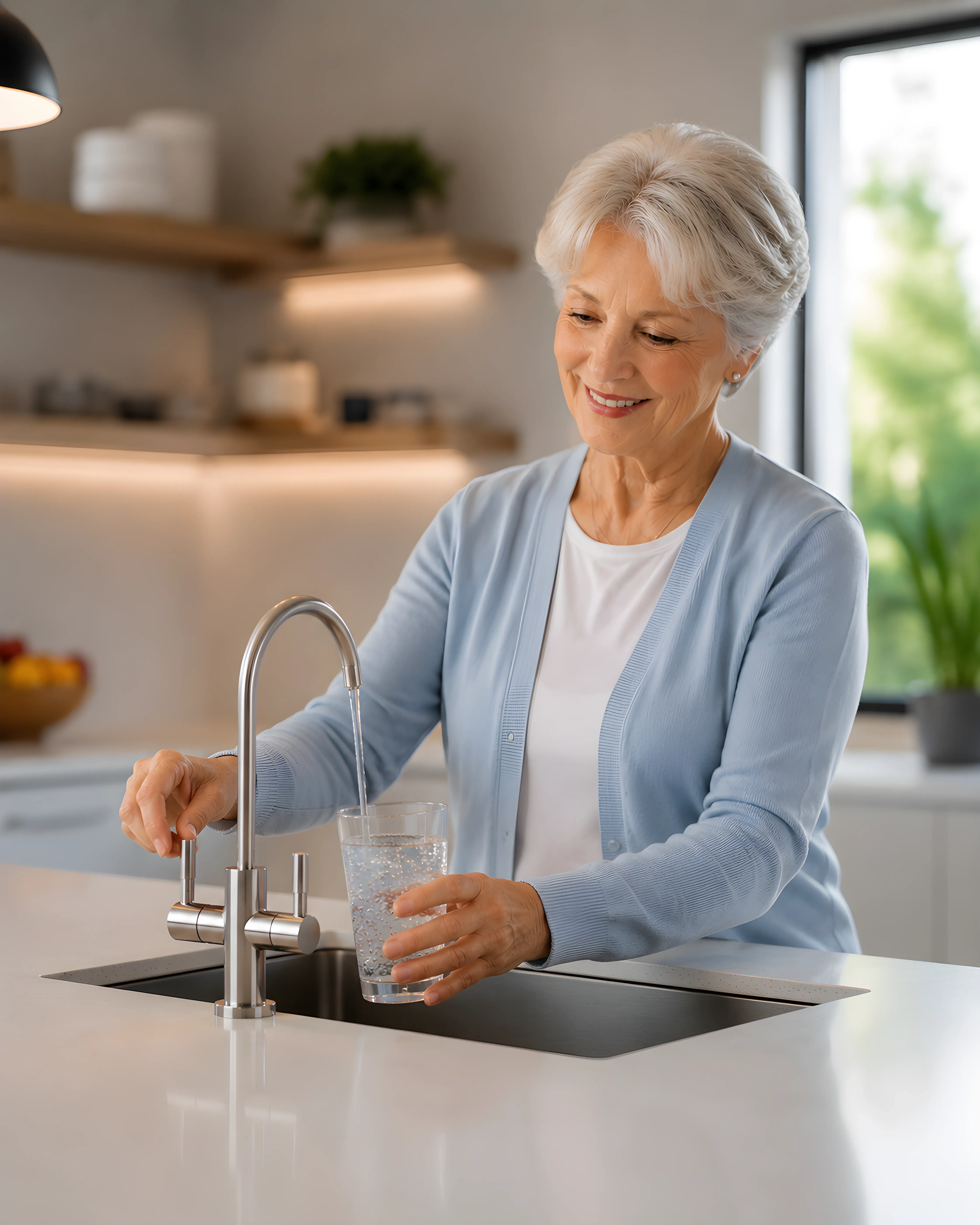Old woman filing glass with water